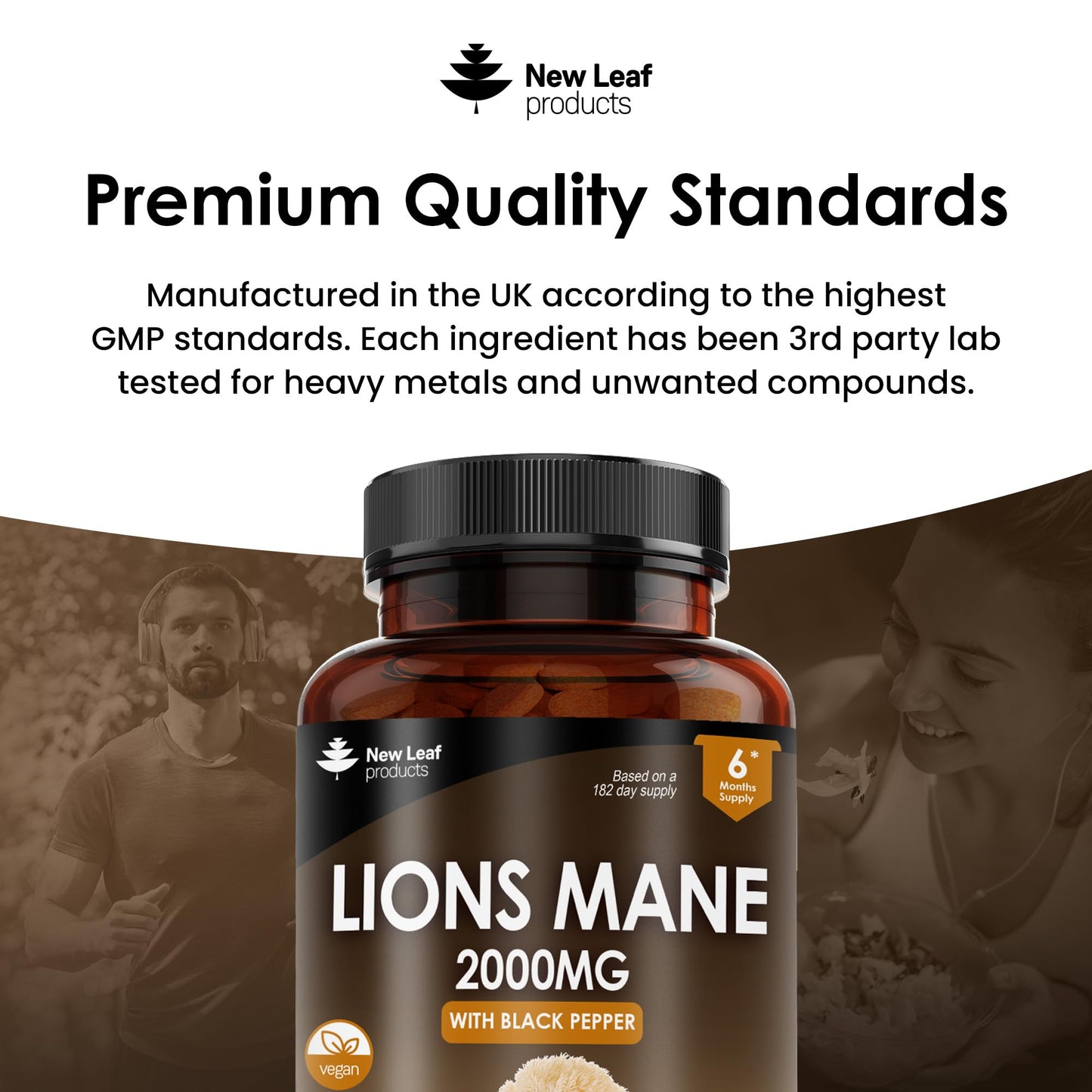 Lions Mane Mushroom 2000mg - 365 High Strength Vegan Tablets - Lion's Mane Supplement with Black Pepper - Lion's Mane Mushrooms Extract (Not Powder or Capsules) Made in The UK by New Leaf Products