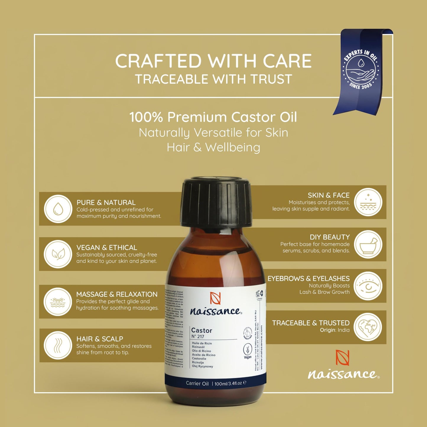 Naissance Castor Oil Cold Pressed (No. 217) - 100ml - for Skin, Hair Growth, Mask, Wrap Kit, Eyelashes, Eyebrows, Beard