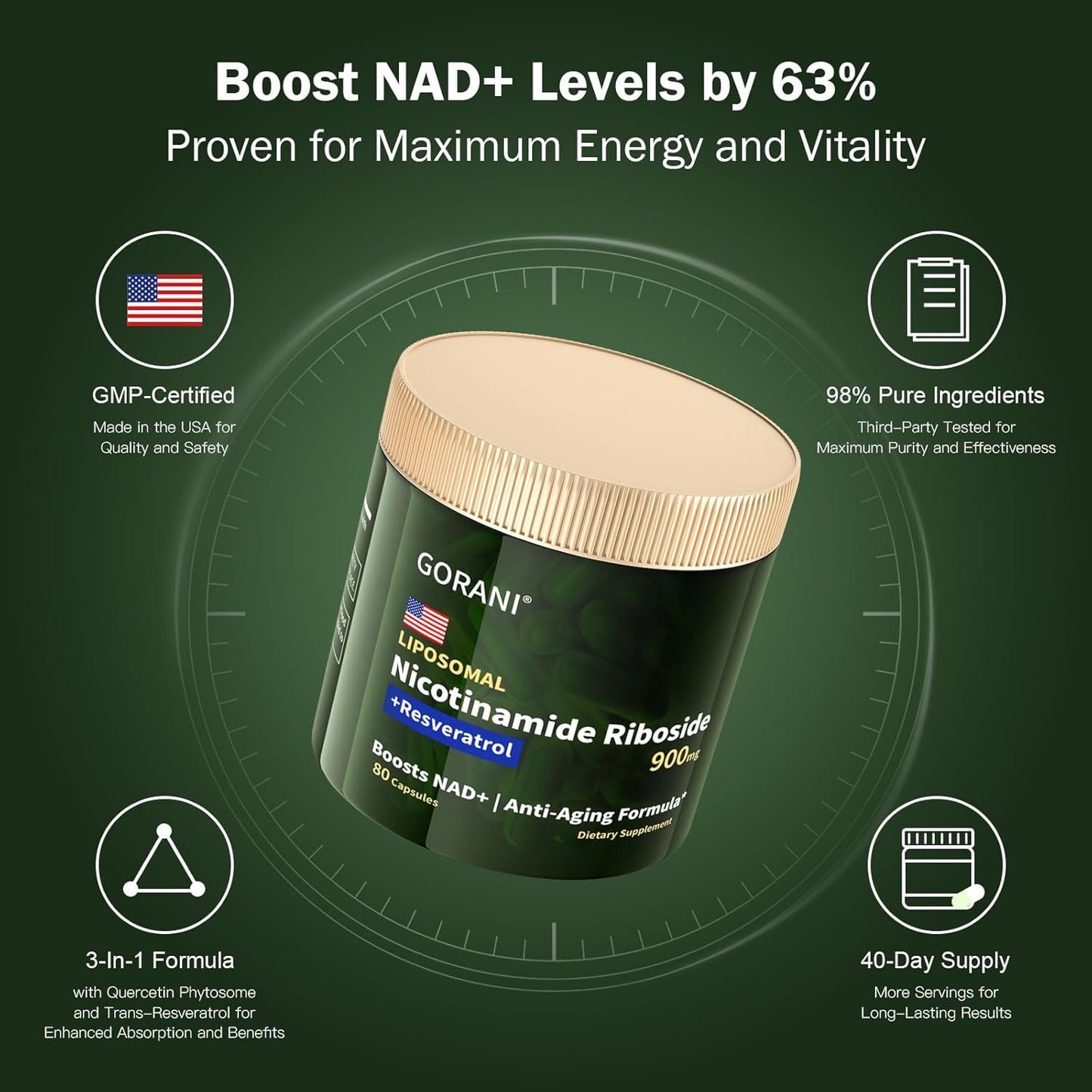 NAD+ Supplement 900mg - Liposomal Nicotinamide Riboside w/ Resveratrol (80 Count)