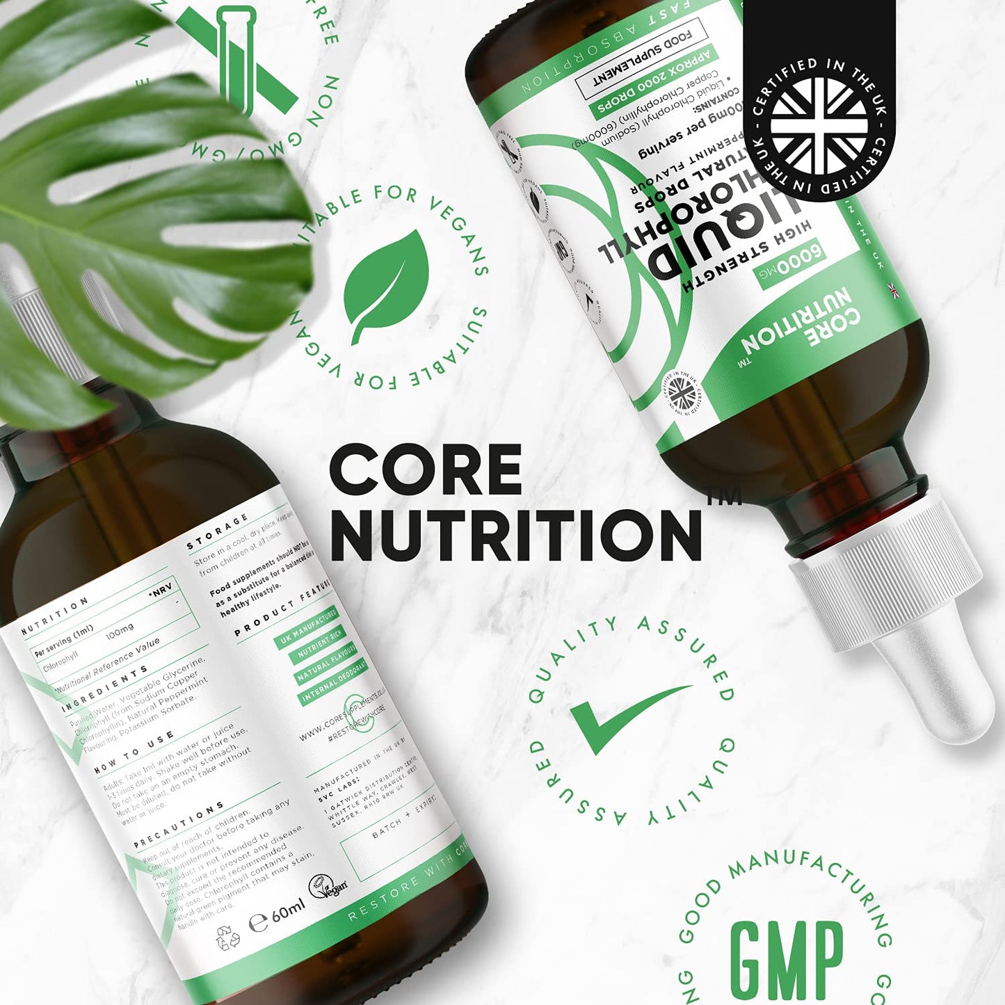 Liquid Chlorophyll Drops for Water - High Strength of 12,000mg per 2X 60ml Bottle at 4X Concentration - 4 Month Supply of Chlorophyll Liquid Drink - Made in UK by Core Nutrition (2X Pack)