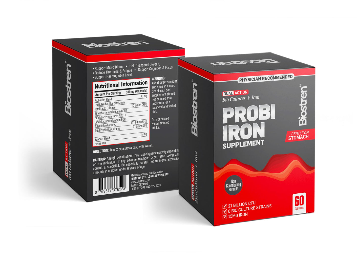 Biostren Probi Iron | 2 in 1 Bio Cultures Complex Plus Iron for Ultimate Gut Health and Hemoglobin Support | Probiotic | Red Blood Cells | Bloat Relief | Digestion | IBS | 60 Capsules