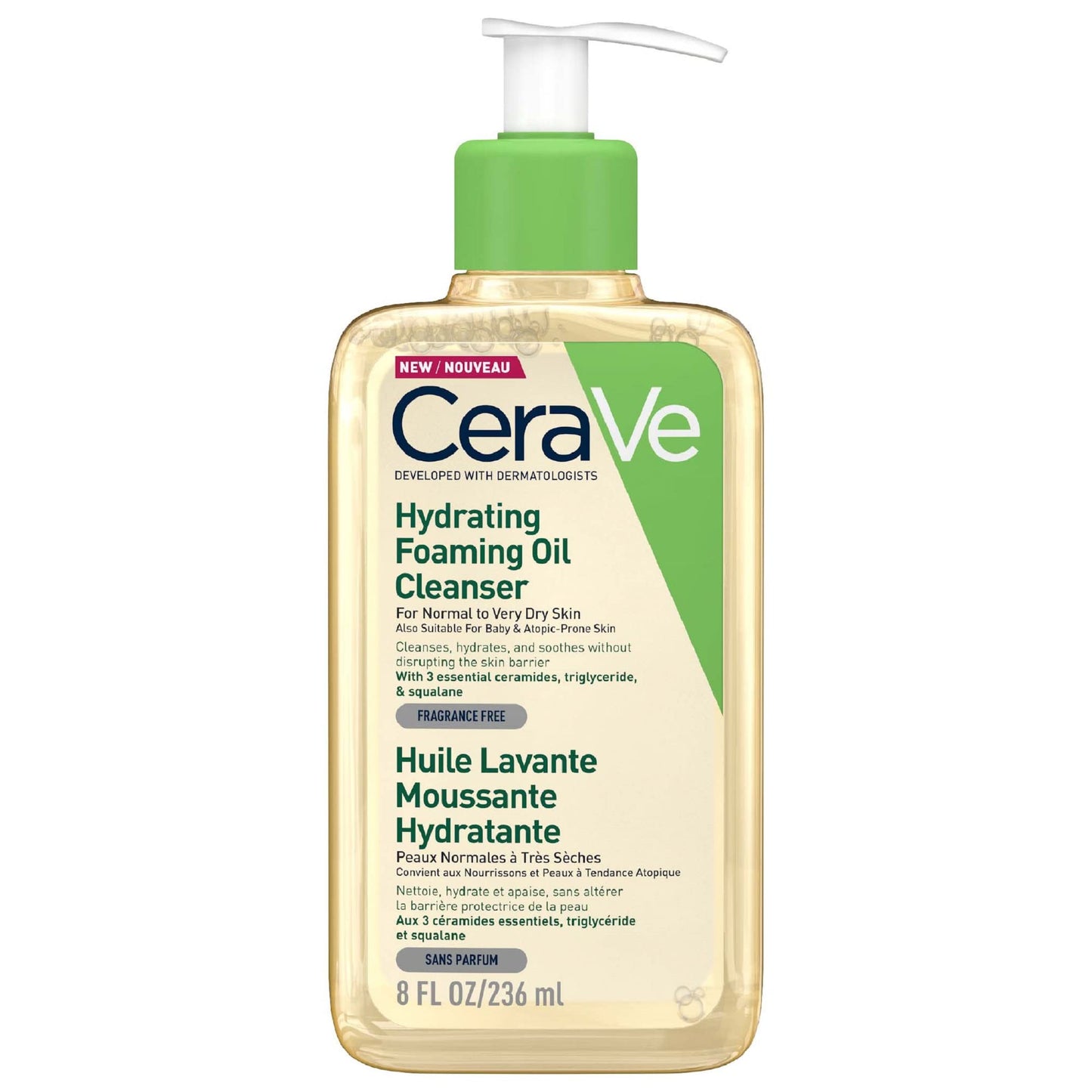 CeraVe Hydrating Foaming Oil Cleanser for Normal to Very Dry Skin with Squalane, Triglyceride and 3 Essential Ceramides (For Face and Body), Clear, 236 ml
