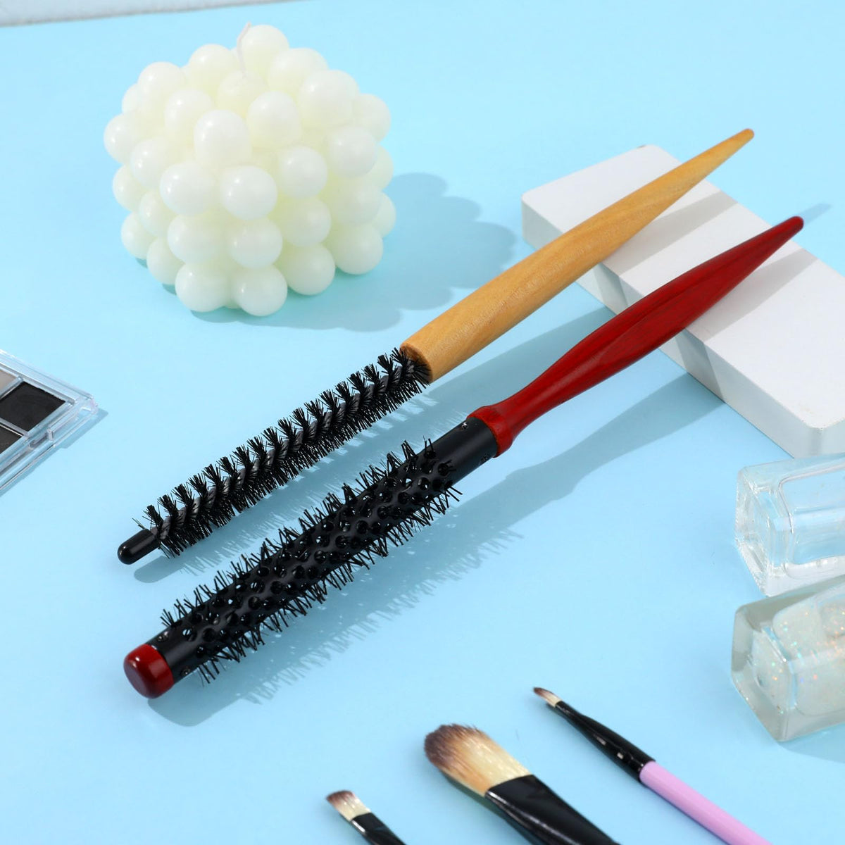 Mozeat Lens Small Round Hair Brush, 2 Pcs Mini Roller Brushes with Stiff Nylon Bristles, Professional Salon Hairdressing Brush for Blow Drying Curly Hair Styling Bangs Lifting Beard Care