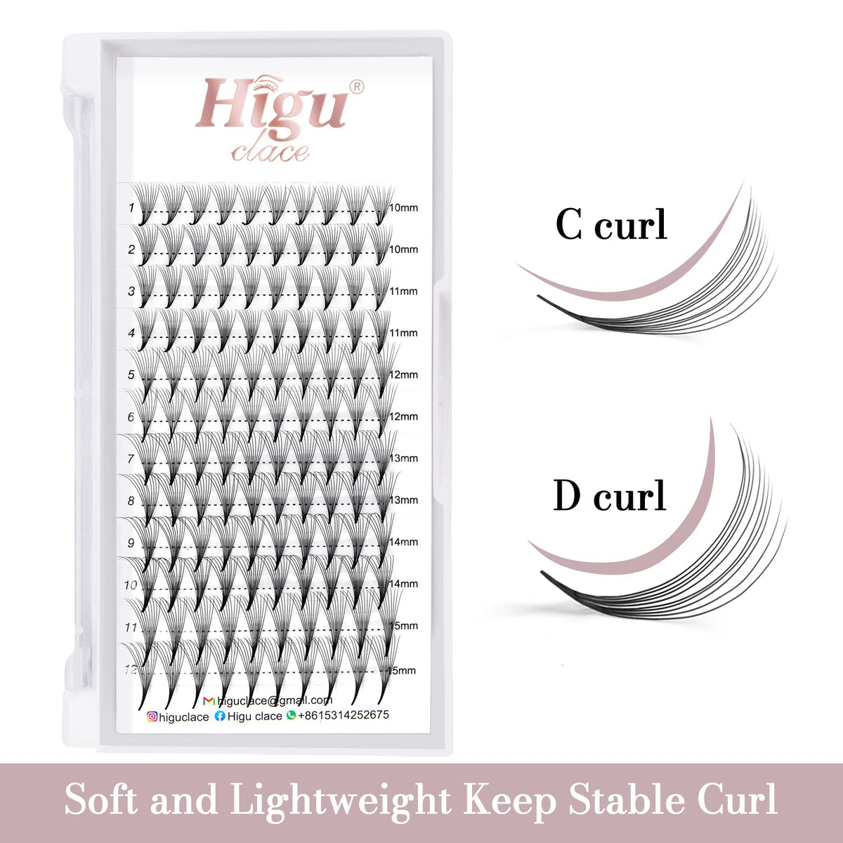 Higu clace Higu Clace 10D 0.07 C Curl Mix 10-15mm Volume Eyelash Extensions With Pointed Base Middle Stem (10D 0.07 C Mix 10-15)