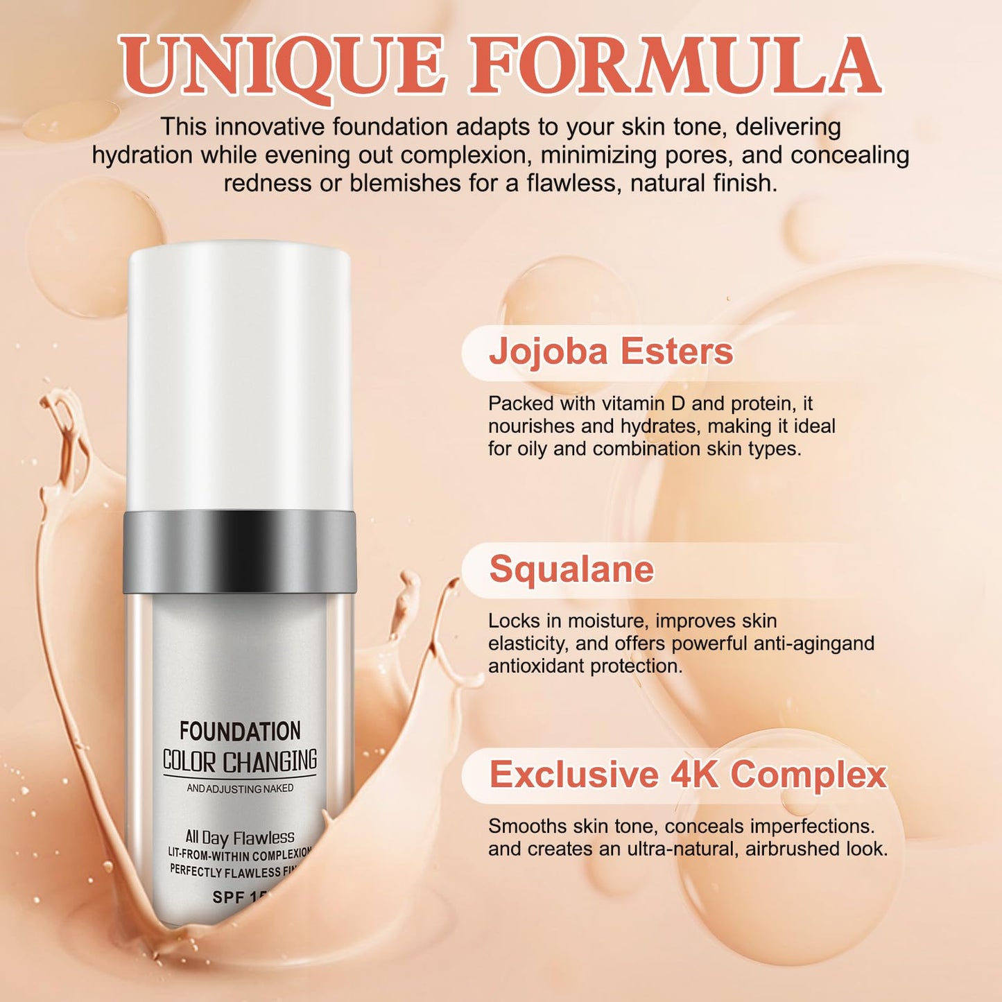 HEXIN TLM Color Changing Foundation, Colour Changing Foundation for Mature Skin, Long Lasting Waterproof Makeup Base Nude Face Cover Concealer Cream SPF (30 ml,2 Pack)