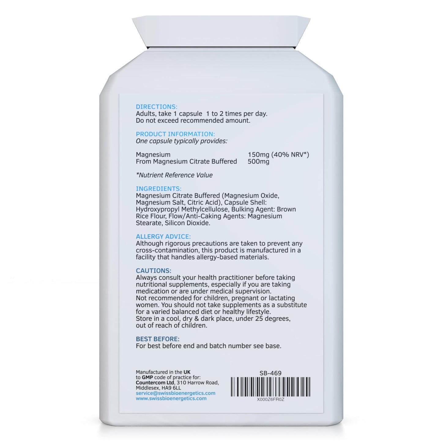 swiss bioenergetics Magnesium Citrate 500mg 120 Capsules - Providing 150mg of Active Elemental Magnesium - High Potency - Easily Absorbable - Highly Bioavailable - UK Manufactured