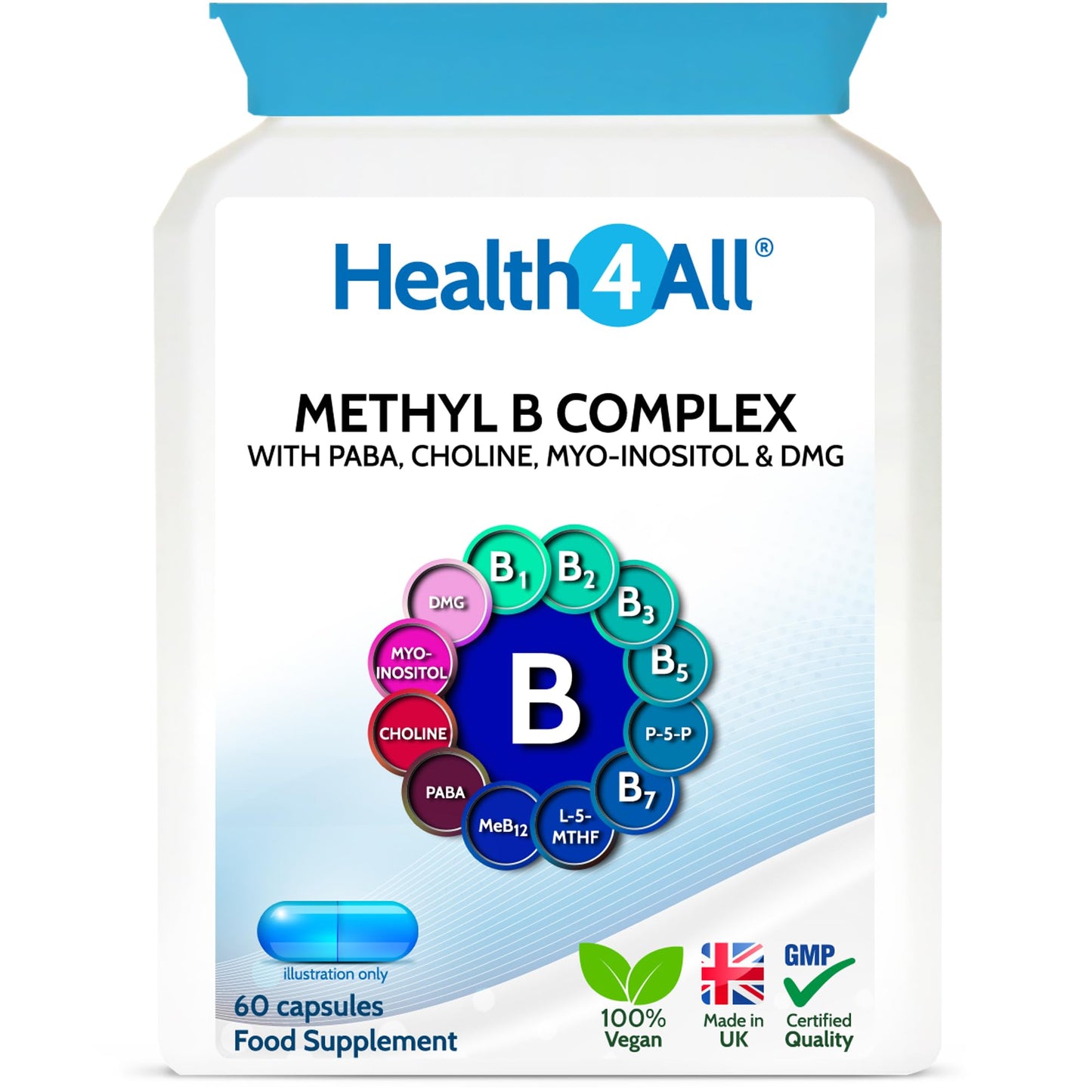 Health4All Methyl B-Complex, 60 Capsules with Methylcobalamin, Methylfolate, DMG & PABA Supplement, Support Stress, Energy, Methylation, Aid Nervous & Physiological Function | Made in UK (not Tablet)