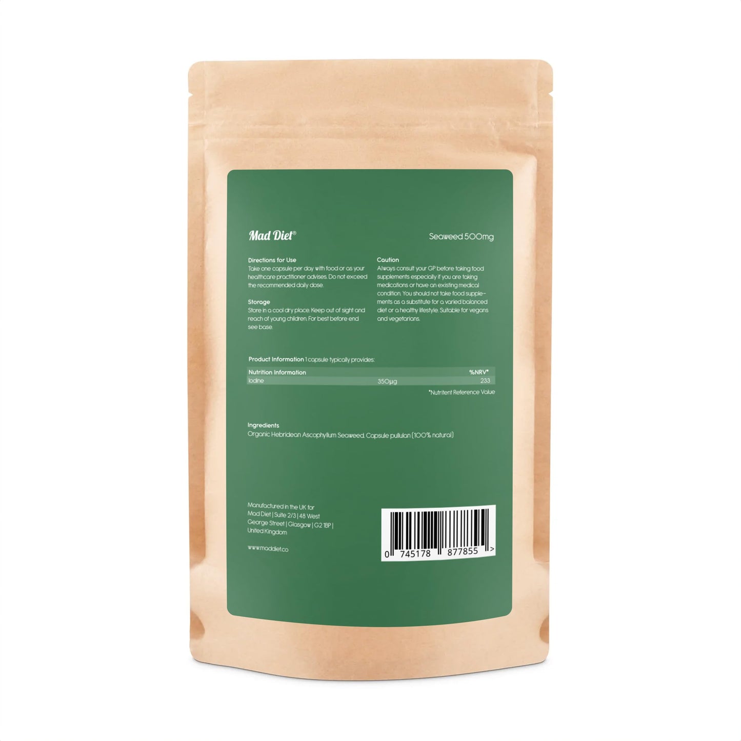 Mad Diet Organic Scottish Seaweed | Health Support | Natural Source of Iodine | Sustainably Sourced | Zero Additives | 60 Capsules –2 Month Supply | Suitable for Vegans