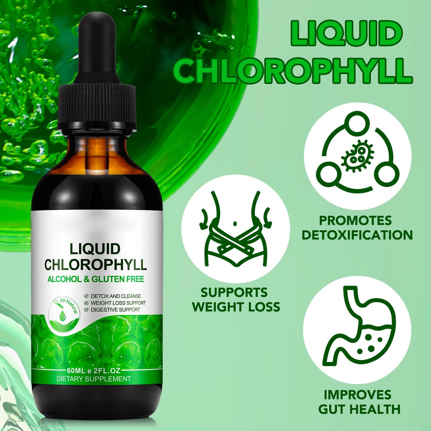 zoxpm Liquid Chlorophyll Drops, 60ML Natural Chlorophyll for Internal Detox & Cleanes, Energy Booster, Digestion Supports Mint Flavour