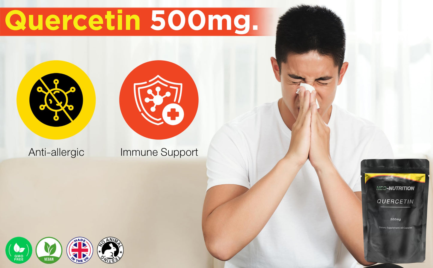 Pure Organic Quercetin - High Potency Quercetin Supplement for Antioxidant Support - Organic Quercitin Antioxidant Supplements for Immune Health & Energy Boost