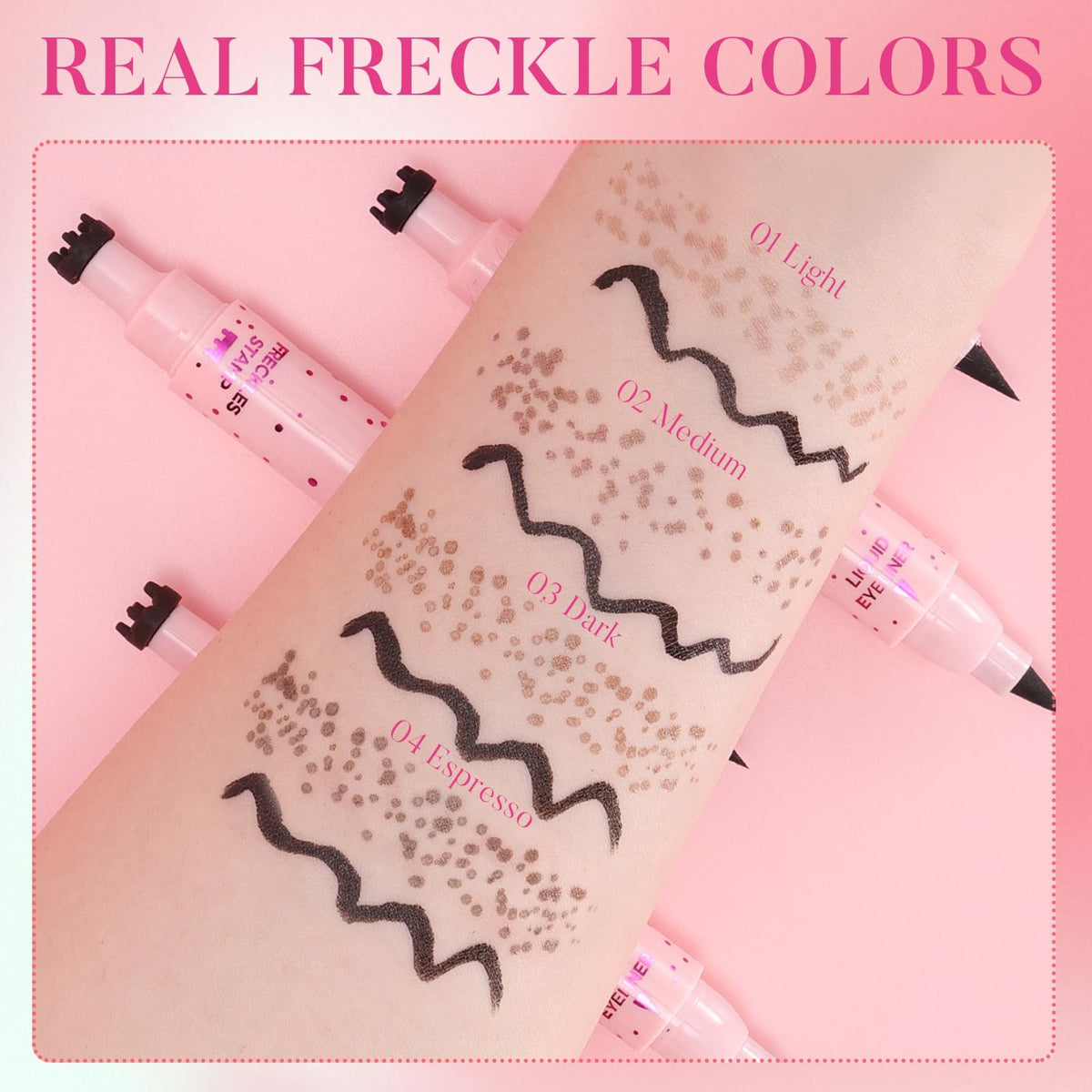 Prreal Eyeliner Freckle Pen,2 in 1 Medium Freckle Stamp and Black Liquid Eyeliner,Waterproof,Quick Dry,Natural Lifelike Freckles Makeup,Magic Fake Freckles Pen, 02