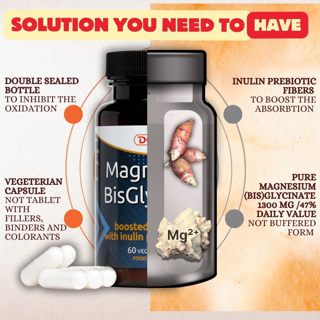 Pure Magnesium Bisglycinate Capsules 1300 mg - Boosted with Prebiotic Inulin Fibers - Highly Absorbable Magnesium Supplements - Gentle on The Digestive System Magnesium Glycinate Powder in Capsules