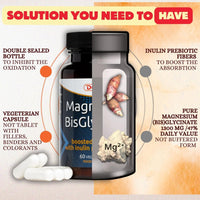Pure Magnesium Bisglycinate Capsules 1300 mg - Boosted with Prebiotic Inulin Fibers - Highly Absorbable Magnesium Supplements - Gentle on The Digestive System Magnesium Glycinate Powder in Capsules