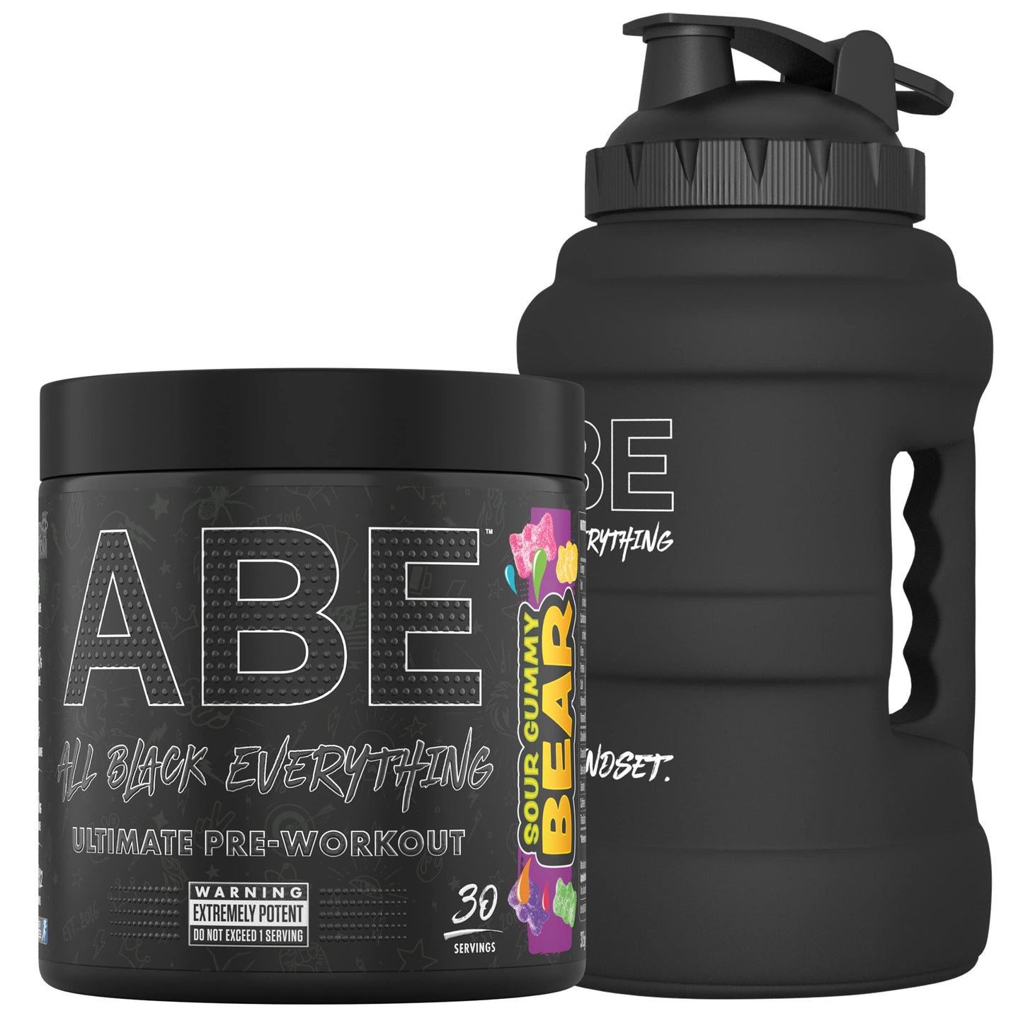 Applied Nutrition Bundle ABE Pre Workout 375g + JUG 2.5 LT Matt Black | All Black Everything Pre Workout Powder, Energy & Physical Performance with Creatine, Beta Alanine (Sour Gummy Bear)