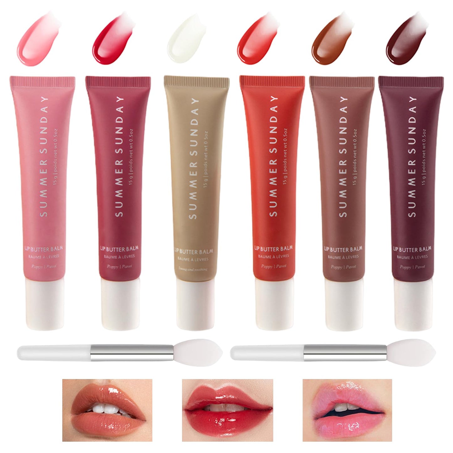 Liameph 6 PCS Lip Balm Summer Lip Butter Balm Lip Oil with 2 Lip Brushes Soothes Dry Lips Summer Lip Balm Nourishing Lip Ma-Sk and Lip Balm Instant Shine and Hydration for Men and Women