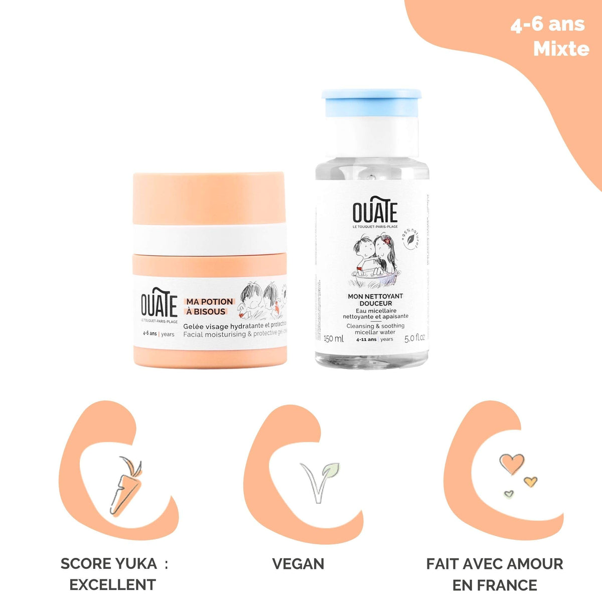 OUATE - Mes Soins à Bisous - Coffret Découverte Soin Visage pour Enfant (Mixte) - 4-6 Ans - 1 Soin Hydratant 30 ml + 1 Nettoyant Visage 150 ml - Formules Vegan - Made in France *#