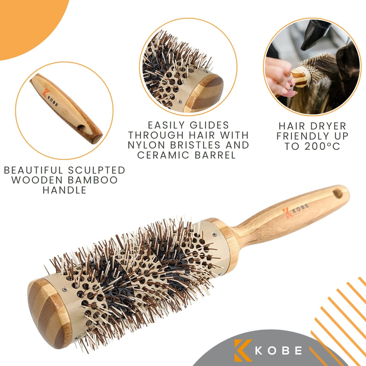 Kobe Pinto Professional Bamboo Thermal Round Brush - Styling Brush for Blow Drying, Curling Brush - Eco Friendly Bamboo Handle - Heat-Retaining Ceramic Barrel Brush (38 mm)