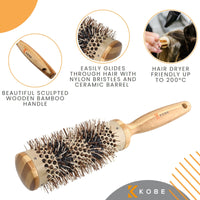 Kobe Pinto Professional Bamboo Thermal Round Brush - Styling Brush for Blow Drying, Curling Brush - Eco Friendly Bamboo Handle - Heat-Retaining Ceramic Barrel Brush (38 mm)