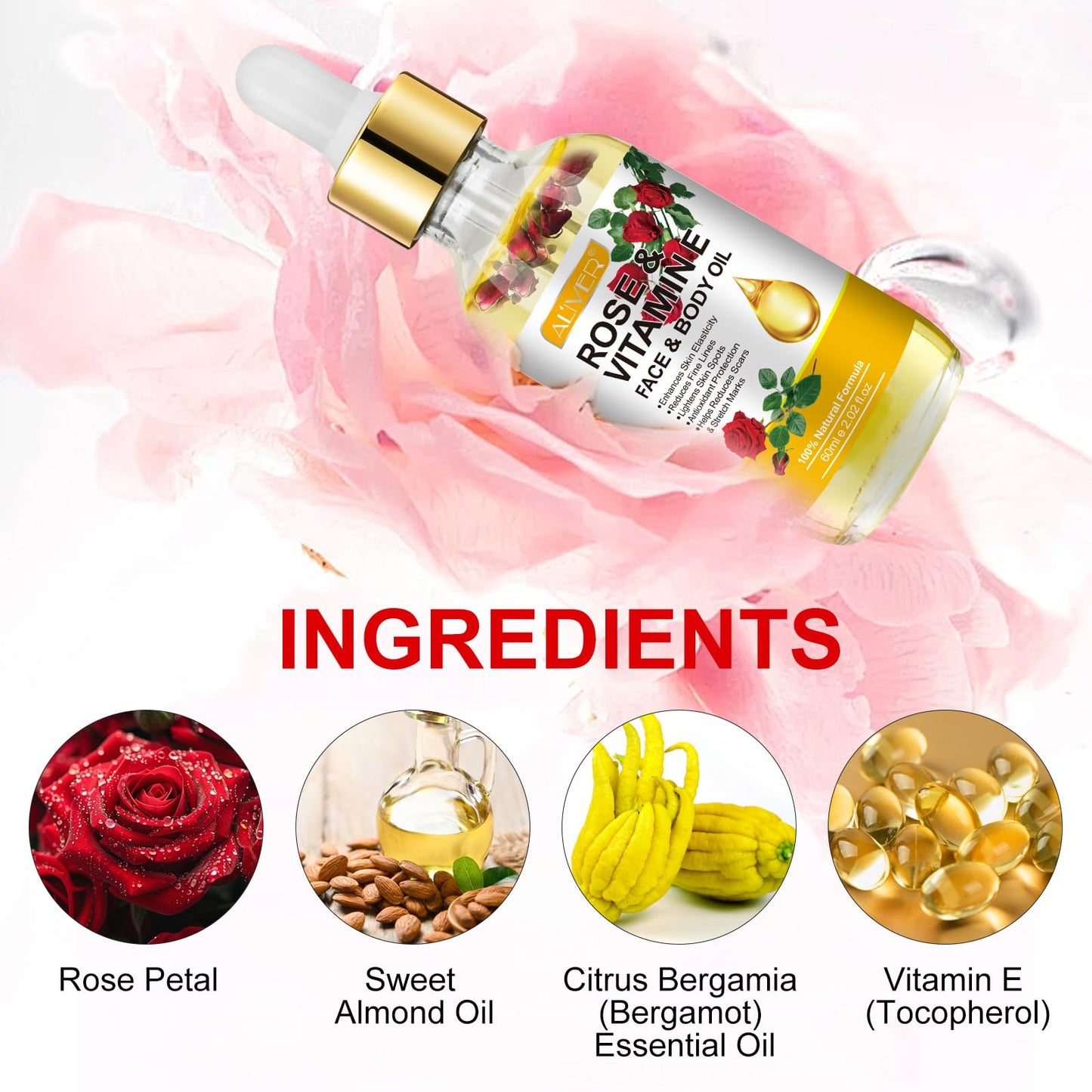 IWKDIJ Rose Oil with Vitamin E & Body Gua Sha Massage Tool -60ML Body Massage Oil for Face Neck Eye, Muscle Pain