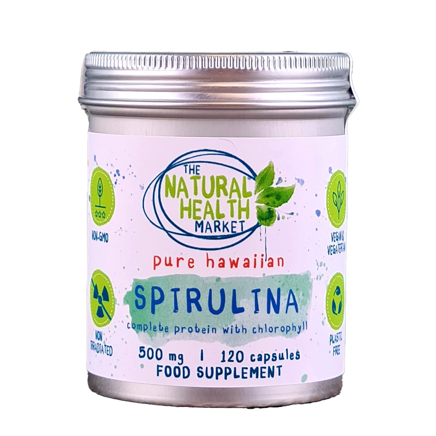 Hawaiian Spirulina Capsules 500mg by The Natural Health Market - 100% Pure - No Additives - Plastic Free Packaging - Made in England - Vegan-Friendly Supplement (120 Capsule - TIN)