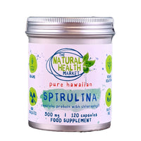 Hawaiian Spirulina Capsules 500mg by The Natural Health Market - 100% Pure - No Additives - Plastic Free Packaging - Made in England - Vegan-Friendly Supplement (120 Capsule - TIN)