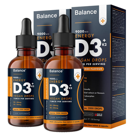 Balance ™ Vitamin D3 + K2 Liquid Drops - Vegan - High Strength 2000iu D3 + 25mcg K2-2 Month Supply - 120 Servings - 9,000mcg 60ml Dropper Bottle - Sublingual Fast Absorption - Made in UK by Balance (2X Pack)