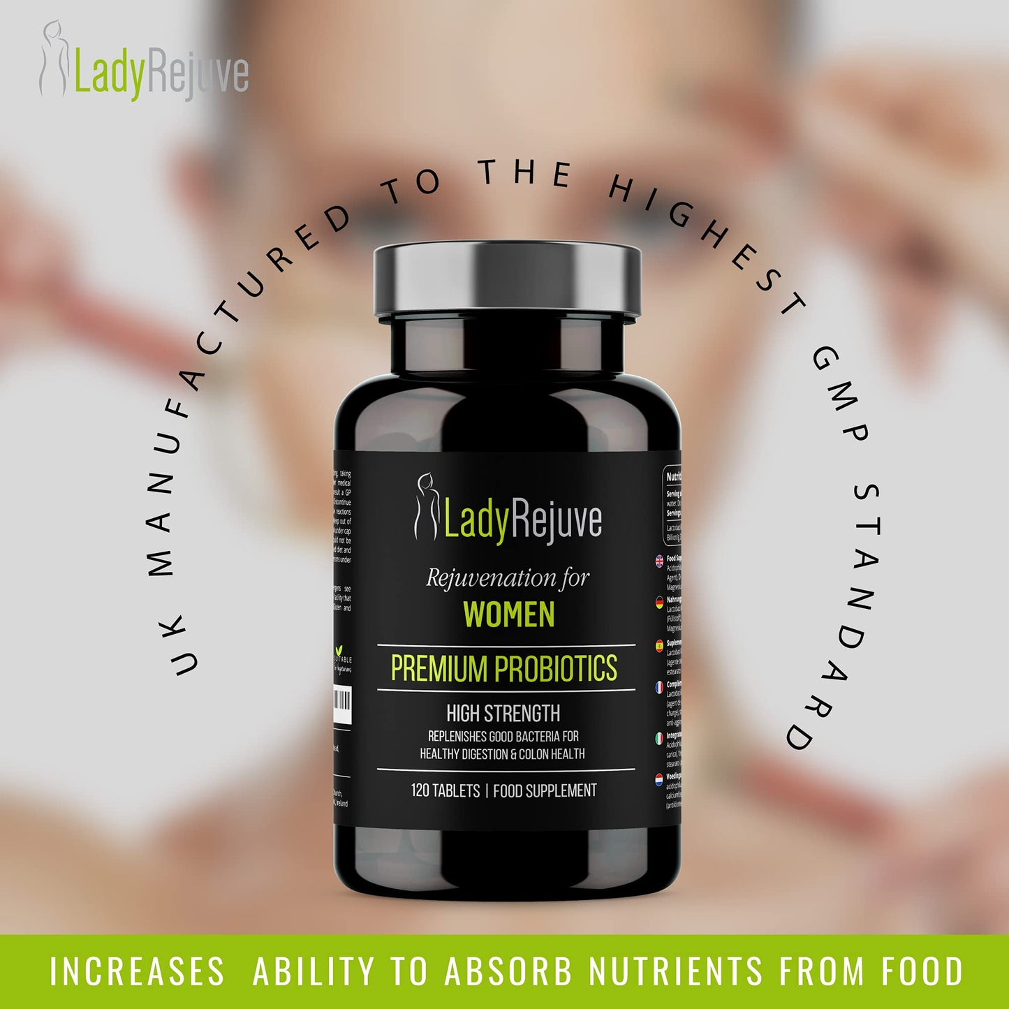 LadyRejuve Premium Probiotics | 120 Vegan Tablets | 10 Billion CFU - Specially Formulated Probiotic Supplement for Women | Supports Digestive Gut Health | Provides Constipation Relief for Adults