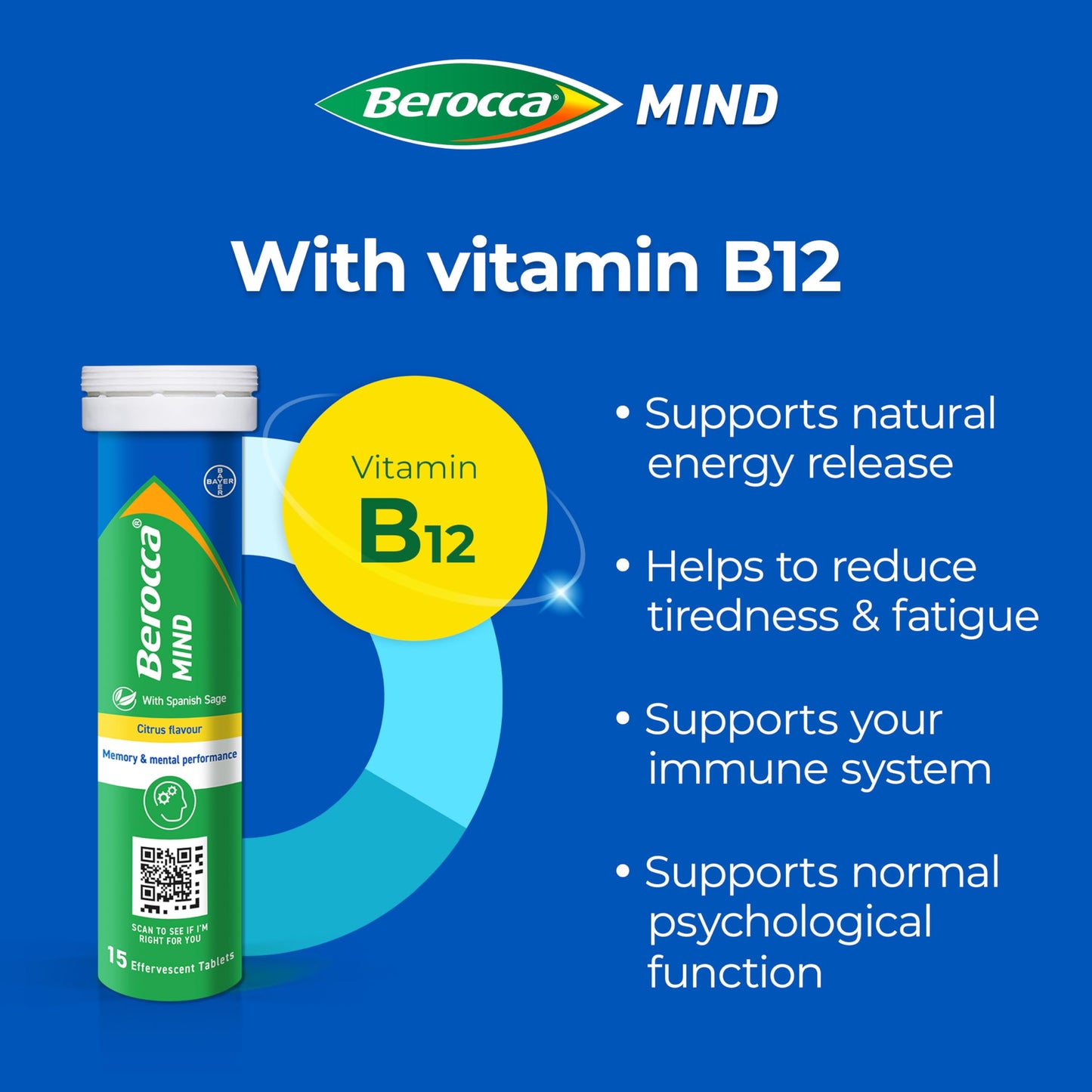 Berocca Mind Effervescent Tablets Including B Vitamins, with Spanish Sage to Support Memory and Mental Performance - 15 Tablets – Citrus Flavour