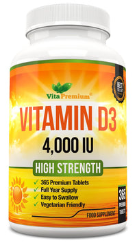 VitaPremium Vitamin D 4,000 IU Tablets, Maximum Strength Vitamin D3 Supplement, 365 Easy to Swallow Tablets - Full Year Supply