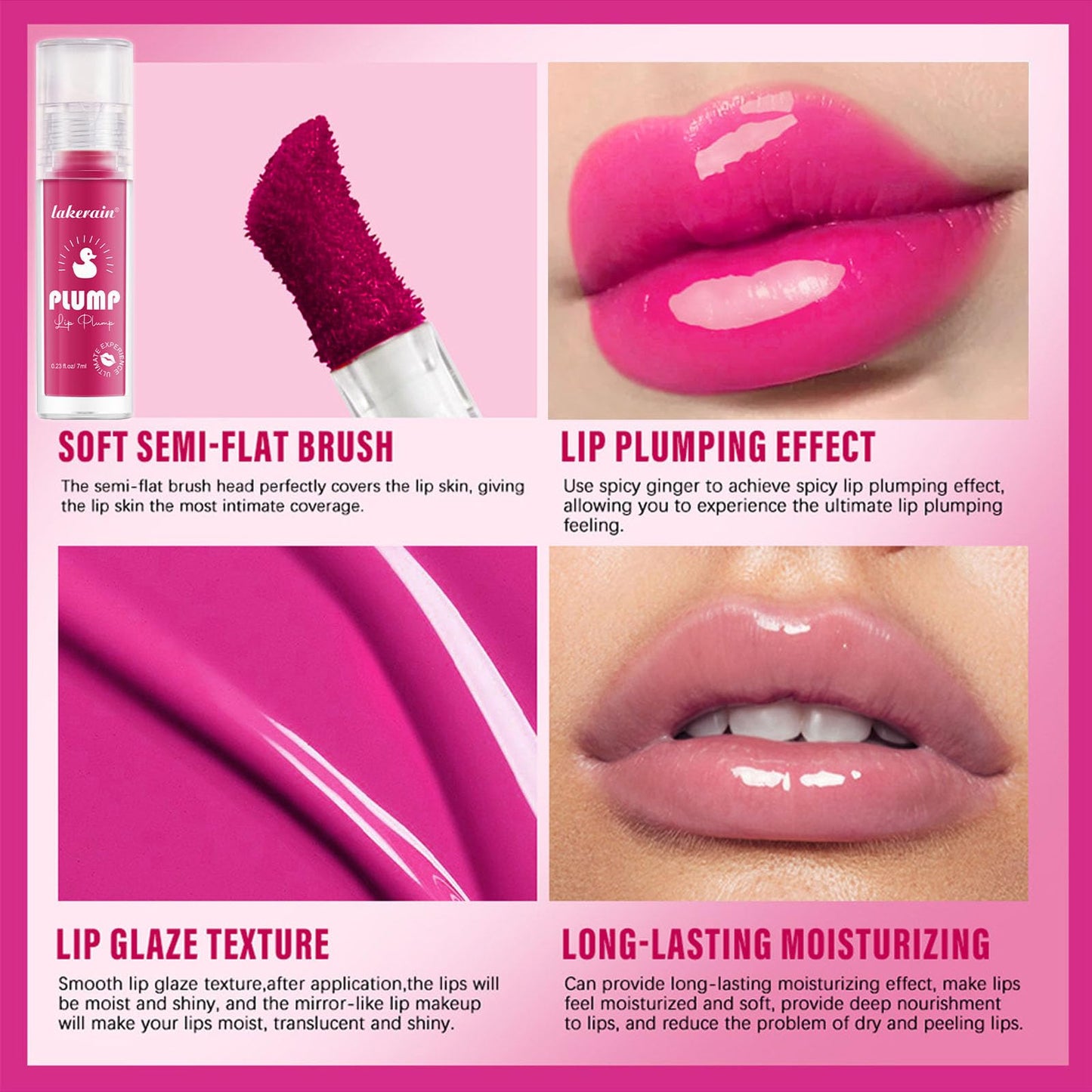 LYNTYAOU Pink Plumping Lip Gloss, Hot Pink Moisturizing Glossy Lip Oil Tinted, Hydrating Lip Balm Clear Lipgloss Makeup, Glitter Shimmer Makeup Tint Moisturizer Lipgloss Plumper for Women