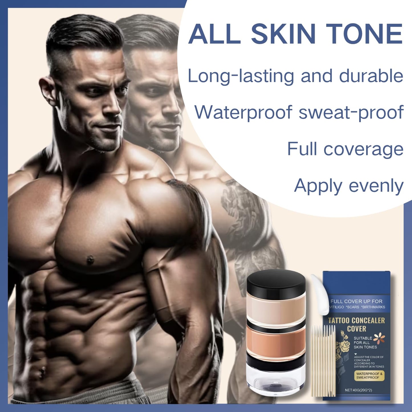 HERBENJOY Waterproof Tattoo Cover Up Makeup Concealer Cream,Full Coverage Concealer for Tattoos,Bruises,zits& Body Art,2 Color Buildable 3 Shades Scar Covering Makeup,Lasting, Smudge-Proof for Men & Women