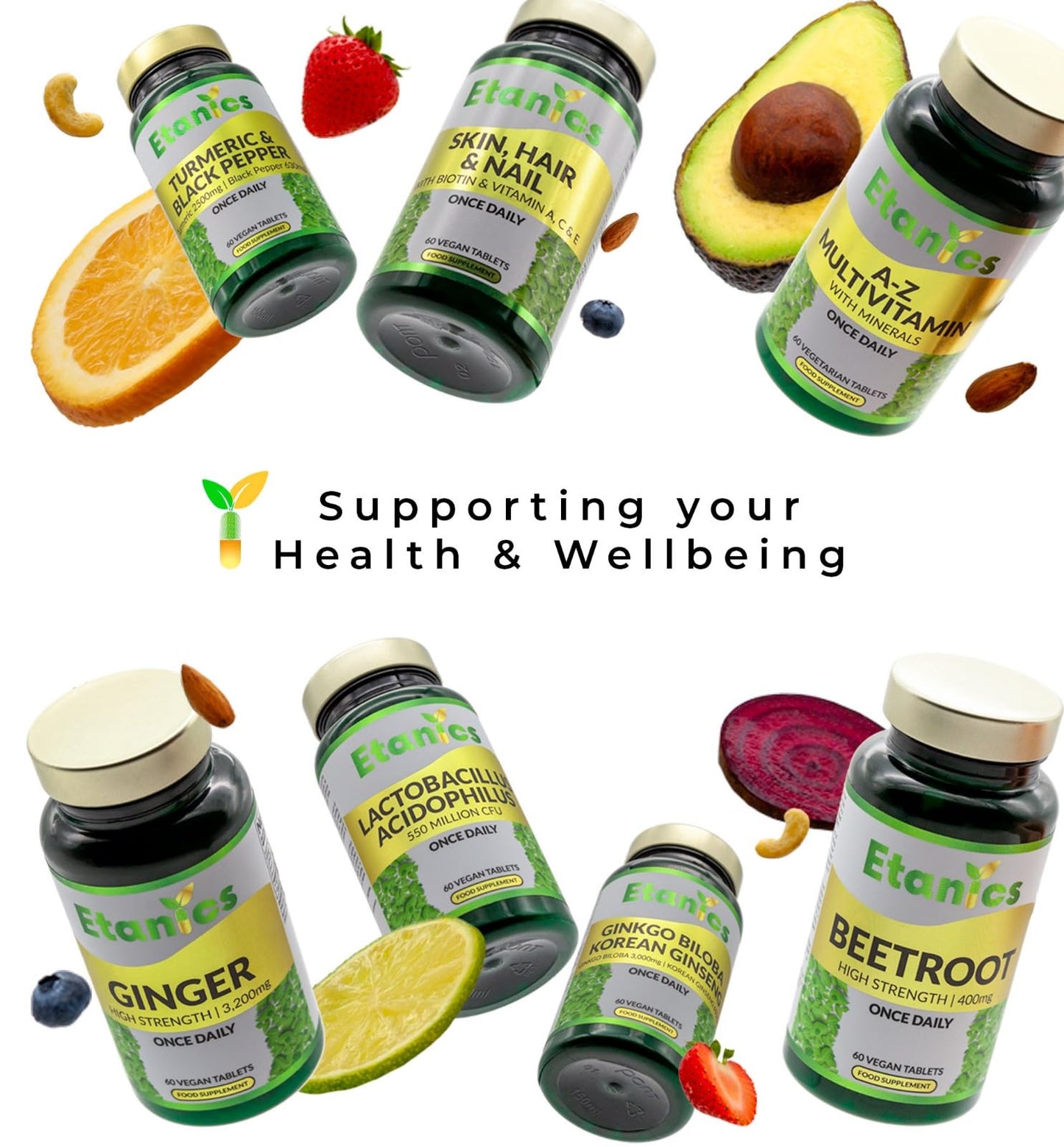 Etanics Skin, Hair & Nails with Biotin & Vitamins A, C & E – 60 Tablets Beauty Supplements with Vitamin C & Biotin for Men and Women – Vegan and Vegetarian – Etanics - Made in The UK