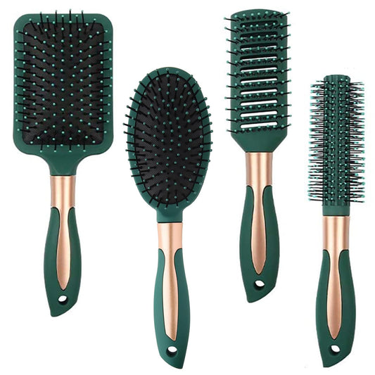 Hair Brush Set ，DDUP 4 PACK Anti Static Massage Oval Comb Round Vent Hair Brush，Detangling Brush ，Paddle Brush for Women Men （Green）
