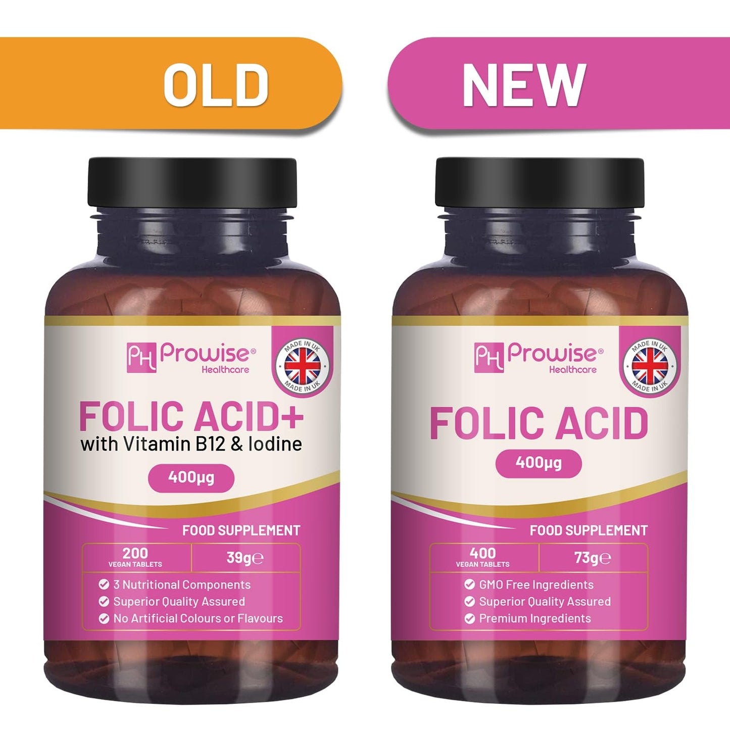 PH PROWISE Healthcare Folic Acid Tablets 400 mcg - 400 Vegan Vitamin B9 Tablets | 13 Month Supply | Vitamin B9 Pregnancy Care | Normal Function of Immune System & Maternal Tissue Growth During Pregnancy | UK Made – Prowise