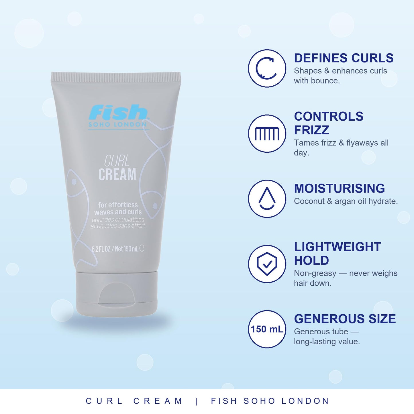 fish Fish Curl Cream 150ml – Define & Hydrate Curls with Lightweight Hold & Frizz Control – Moisturising Formula for Soft, Natural-Looking Waves