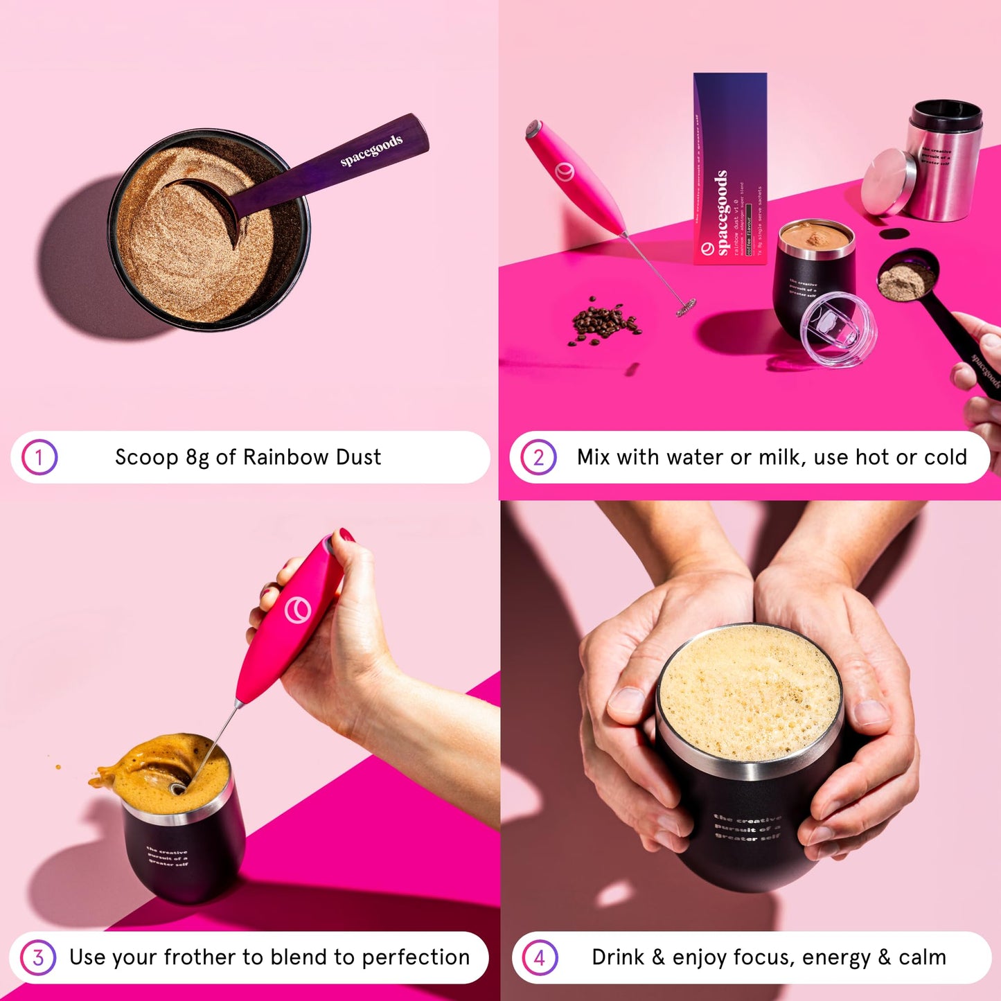 Space Goods Spacegoods Rainbow Dust - 7 Day Sample Pack, Made in England & Cruelty Free, Lions Mane, Chaga & Ashwagandha, Experience Sharper Focus, Energy & Calm, 80 mg Natural Caffeine, Coffee Flavour