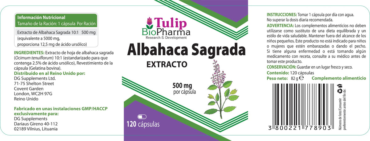Tulip BioPharma Tulsi Holy Basil 5,000mg Equivalent | 120 Capsules | 4-Month Supply | 500mg 10:1 Ocimum Sanctum Extract | 3rd Party Lab Tested