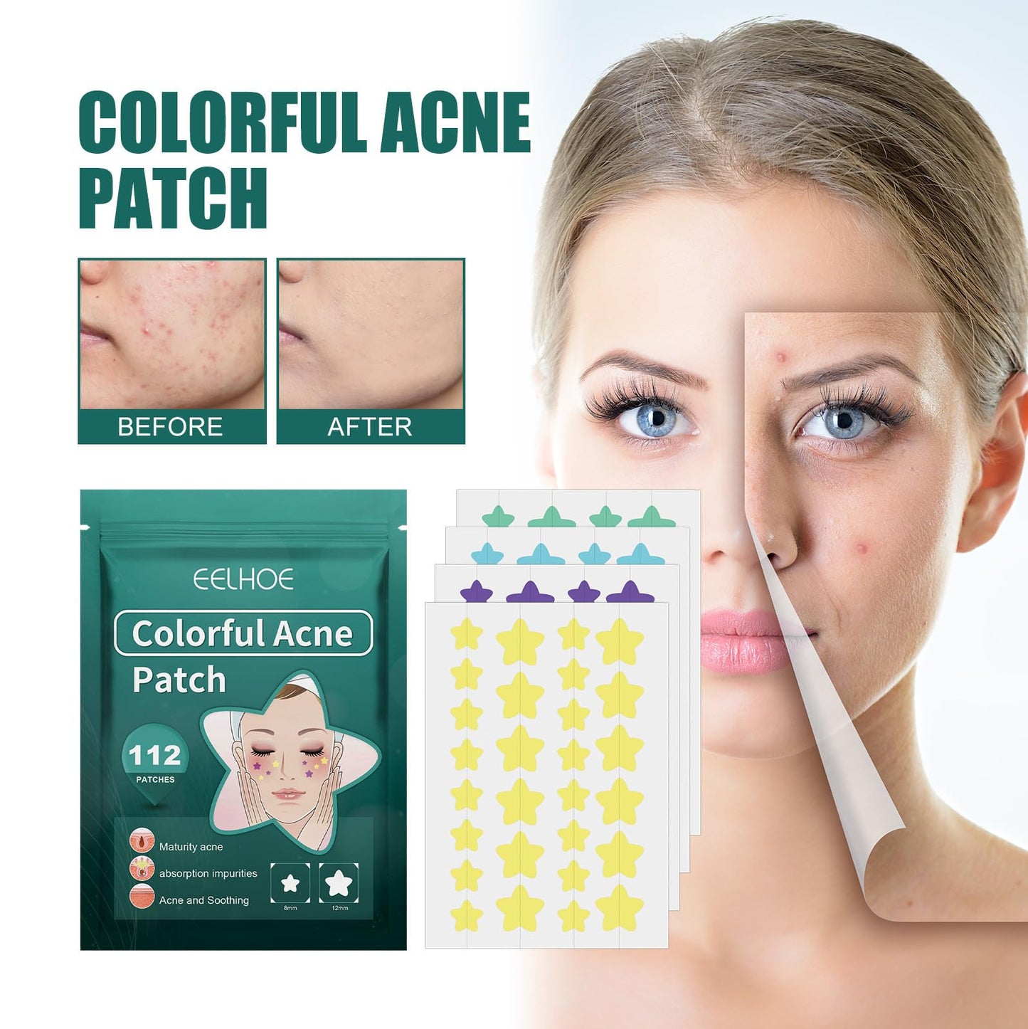 LIDOUK 12mm and 8mm spot patches, acne patches, star shaped, water-based gel patches for acne, blemishes, cyanosis, and facial acne patches (112 patches)