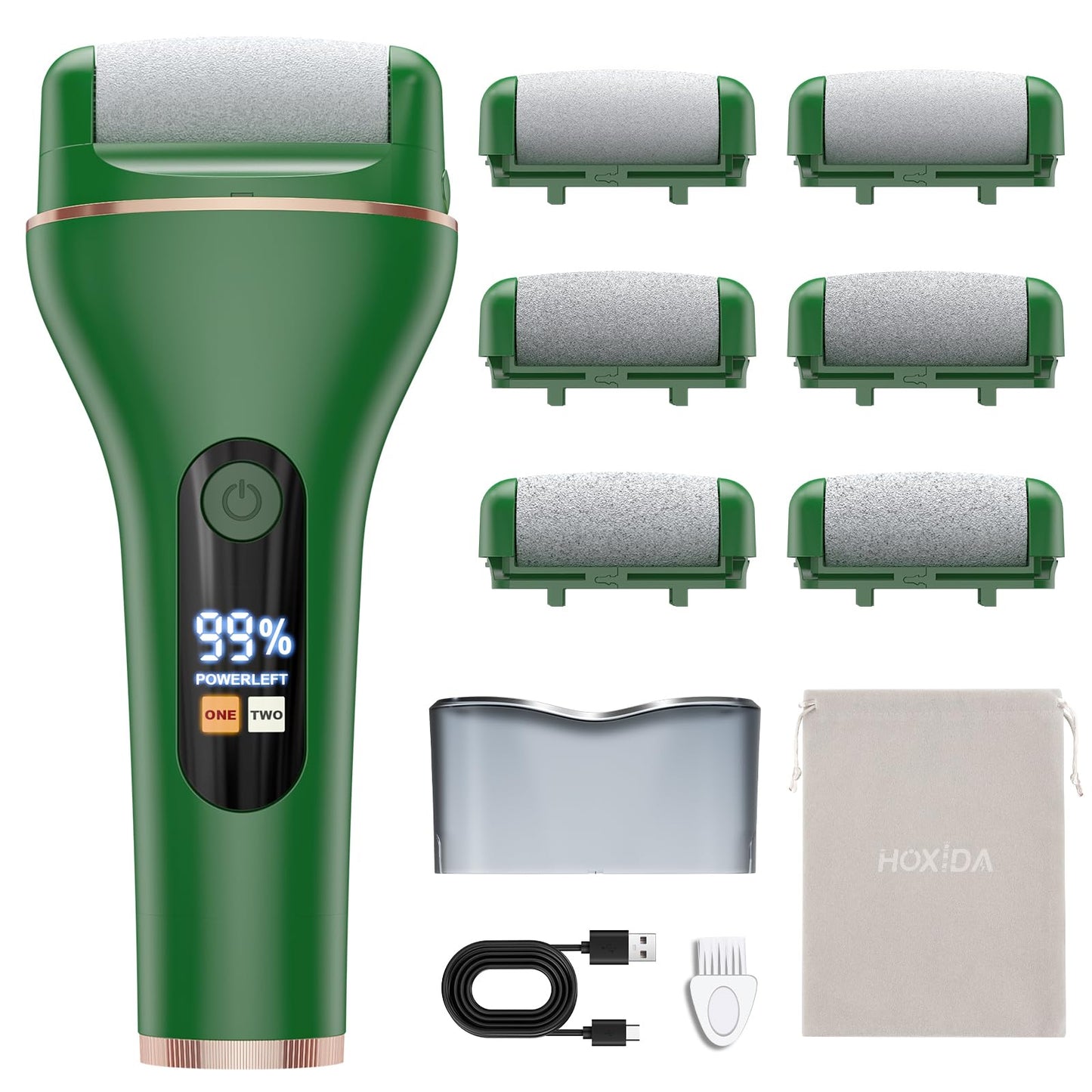Hoxida Electric Foot File for Hard Skin, with 6 Replacement Rollers, IPX7 Waterproof Rechargeable Callus Remover for Feet Pedicure Set for Dead Skin (Green)