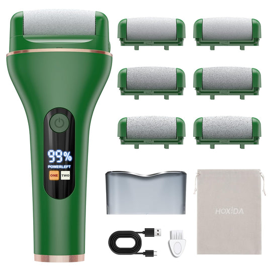 Hoxida Electric Foot File for Hard Skin, with 6 Replacement Rollers, IPX7 Waterproof Rechargeable Callus Remover for Feet Pedicure Set for Dead Skin (Green)