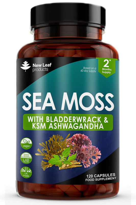Sea Moss Complex - Pure Irish Sea Moss Capsules with Bladderwrack & KSM Ashwagandha - High Strength Sea Moss Capsule - 120 Fill Vegan Irish Sea Moss Capsules Made in The UK by New Leaf