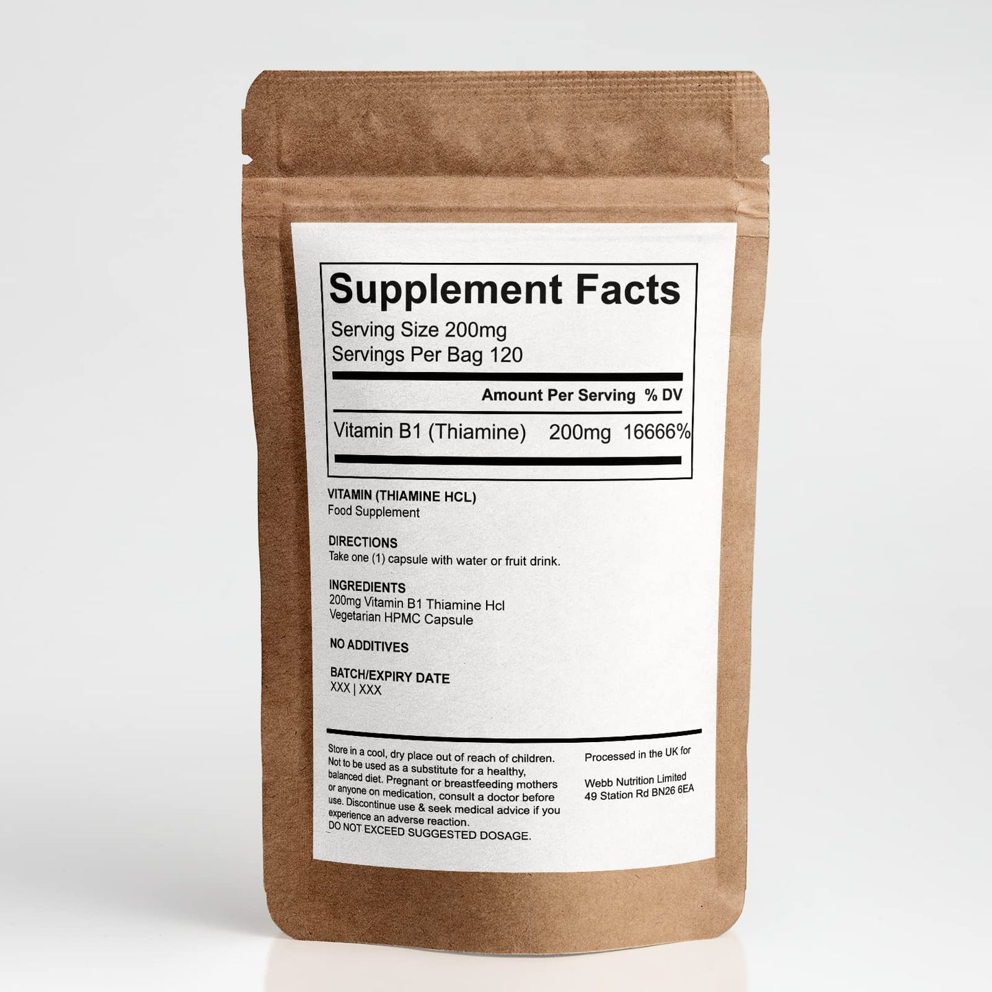 Webb Nutrition Vitamin B1 Thiamine Hcl Capsules (120) - No Additives - Superior Strength - 200mg