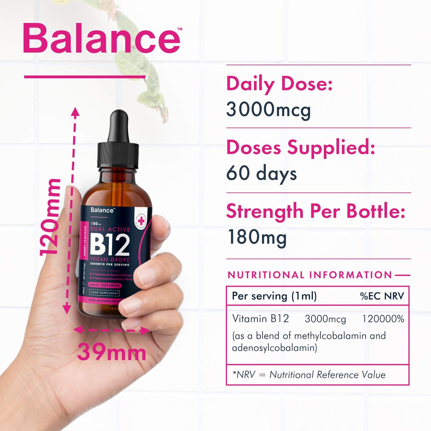 Balance Vitamin B12 Liquid Drops - High Strength 3000mcg - 60ml Dropper Bottle - Vegan Friendly - Sublingual and Dual Action for Fast Absorption - Gluten Free - Made in The UK