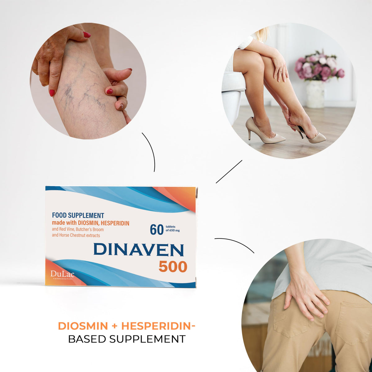 DULÀC FARMACEUTICI 1982 Dulac – Dinaven 500, Food Supplement for Leg Support Circulation, 60 Tablets, for Heavy and Tired Legs, Helps Improve Blood Flow, with Diosmin and Hesperidin, Made in Italy