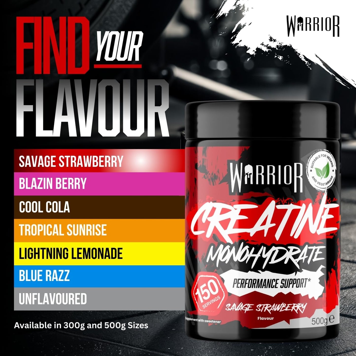 Warrior Flavoured Creatine Monohydrate Powder 500g (150 Servings) – Creatine Powder Drink, Creatine for Performance, Strength & Recovery (Not Creatine Gummies or Tablets) – Savage Strawberry