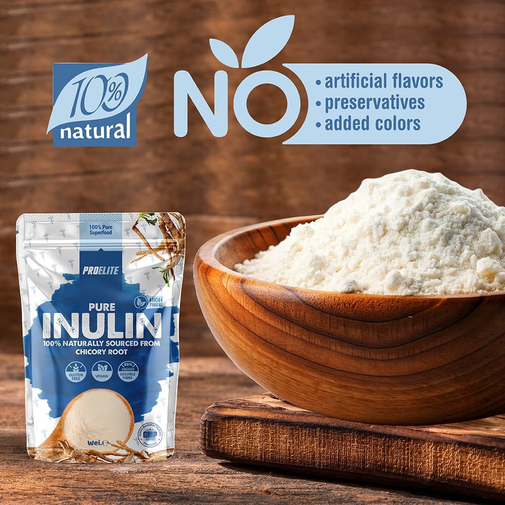 Pure Inulin Powder Prebiotic Soluble Fibre - Vegan, GMO Free, Gluten Free Made in EU from Natural Chicory Root Fructo OligoSaccharide FOC Powder by PROELITE (250g)