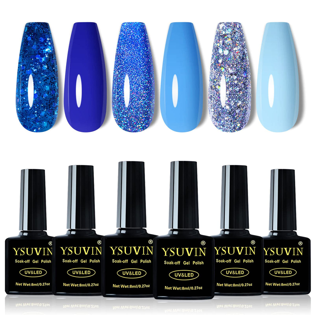 Yueshop 6 Colors Blue Gel Nail Polish Set - Dark Blue Glitter Ocean Silver Sparkle Diamond Gel Nail Polish, Soak Off Gel Nail Varnish Manicure Kit For Beauty Gift (6x8ml)