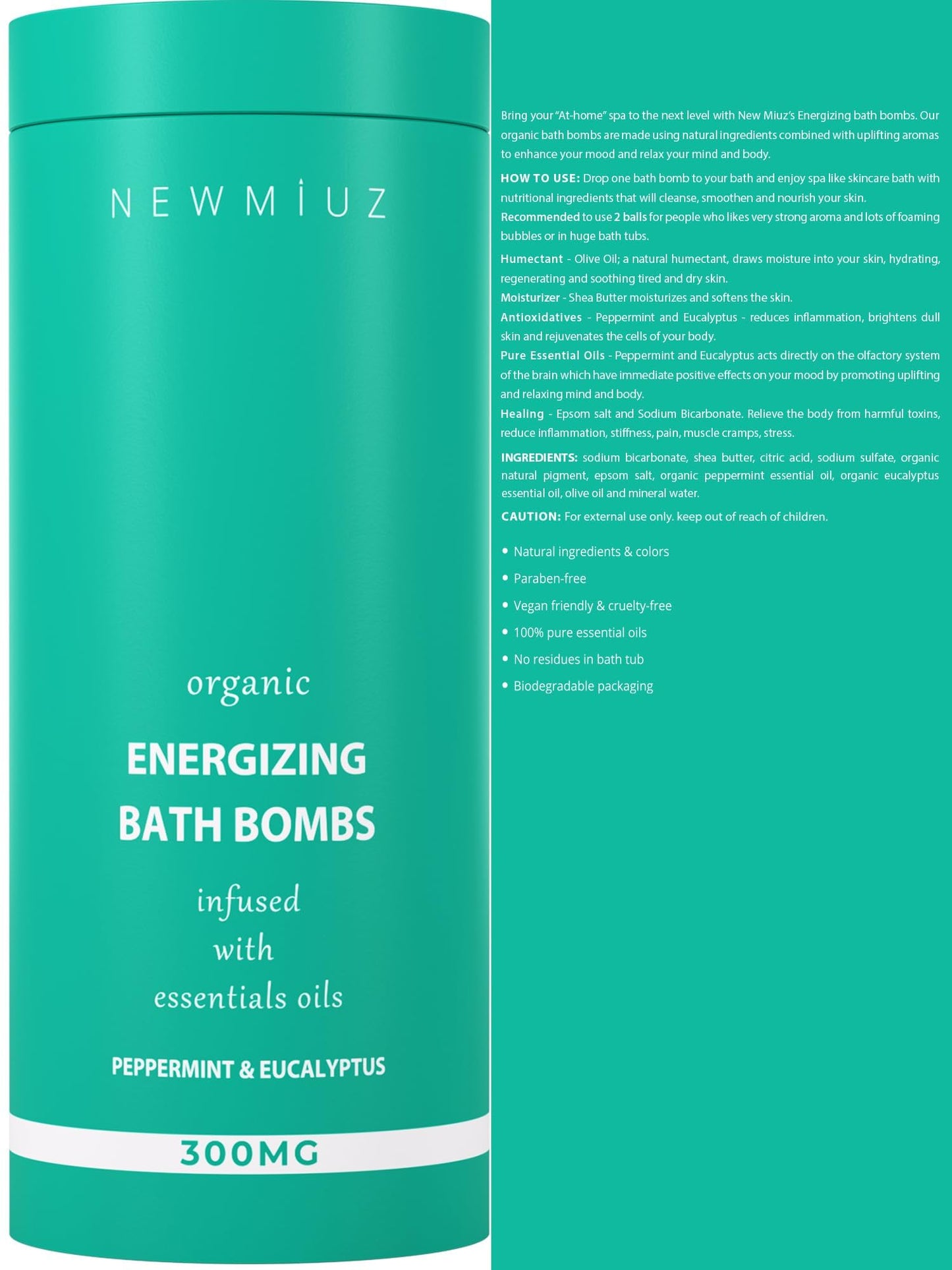 New Miuz Menthol Fizzing Bath Bomb Eucalyptus Peppermint Epsom Salt- Refreshing & Energizing - Luxurious Bubble Spa with Your Essential Oil Infused Bath Oil Bombs - Post Workout Sore Muscles Recovery Gift