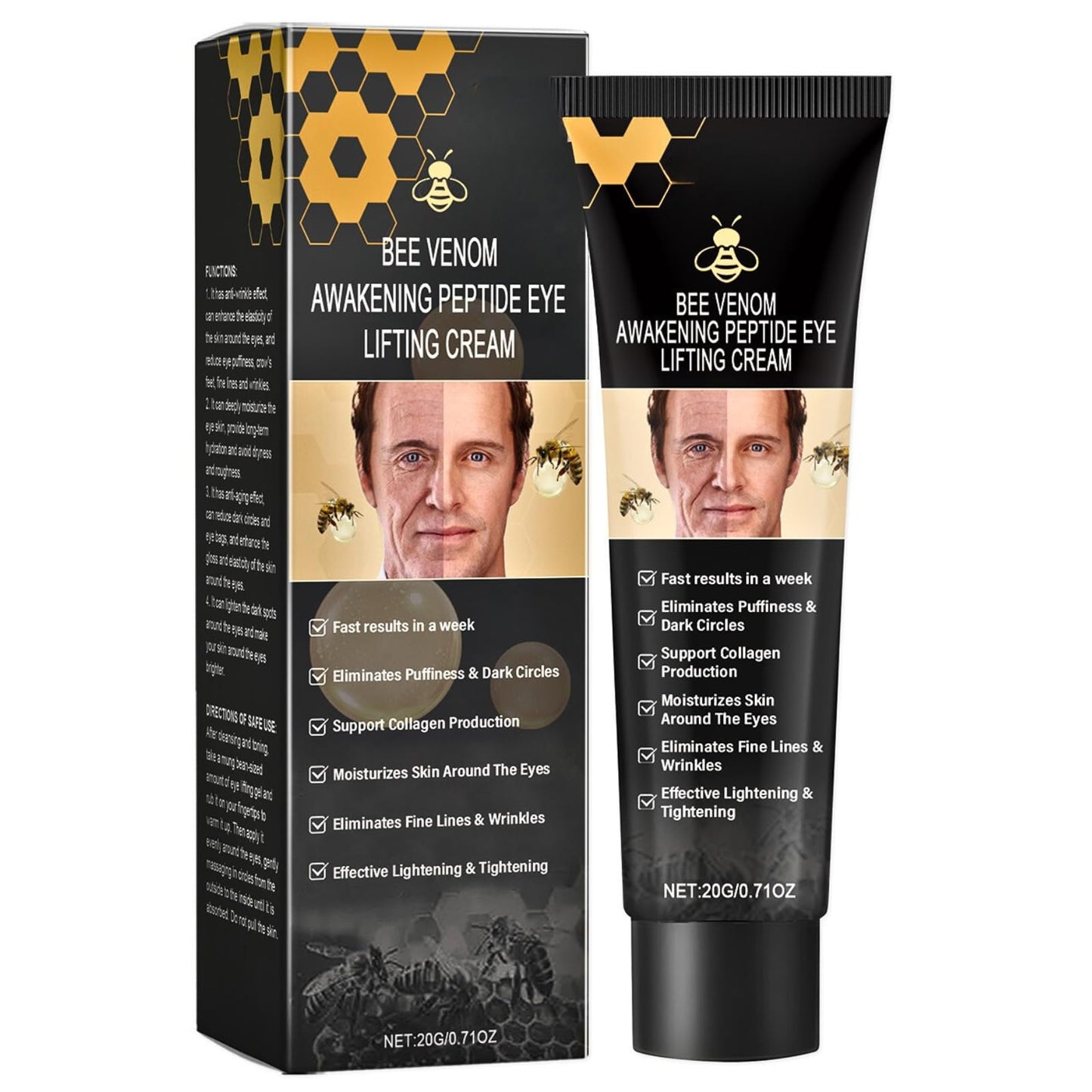 TBeautfave Mens Bee Venom Peptide Eye Cream, Under Eye Cream for Dark Circles & Puffiness - Eye Bag Remover, Puffy Eye Treatment for Men, Anti Aging E ye Cr eam, Wrinkle Filler, Hydrating, Firming