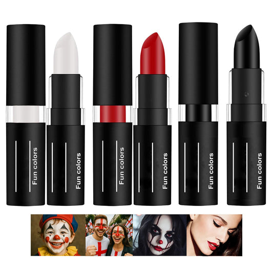 Generic 3 Pack Sweat-Proof Face Paint Sticks – Red, White & Black Skull Clown Makeup for Halloween, SFX Cosplay, Goth Looks, Safe for Lips & Eyes, Long-Lasting England Flag Colors